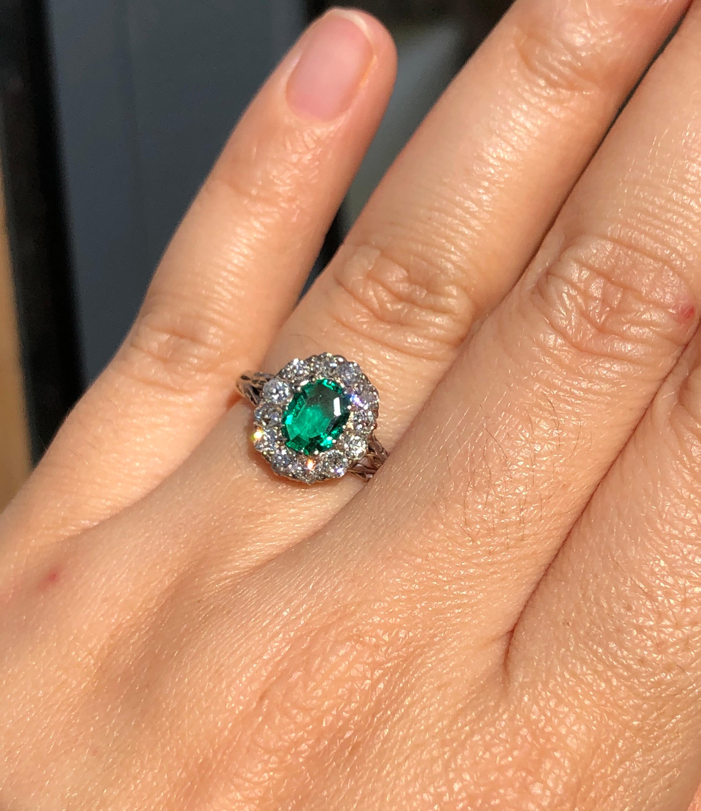 Emerald Cut Victorian 18 Karat Gold Columbian Emerald Diamond Cluster Antique Ring