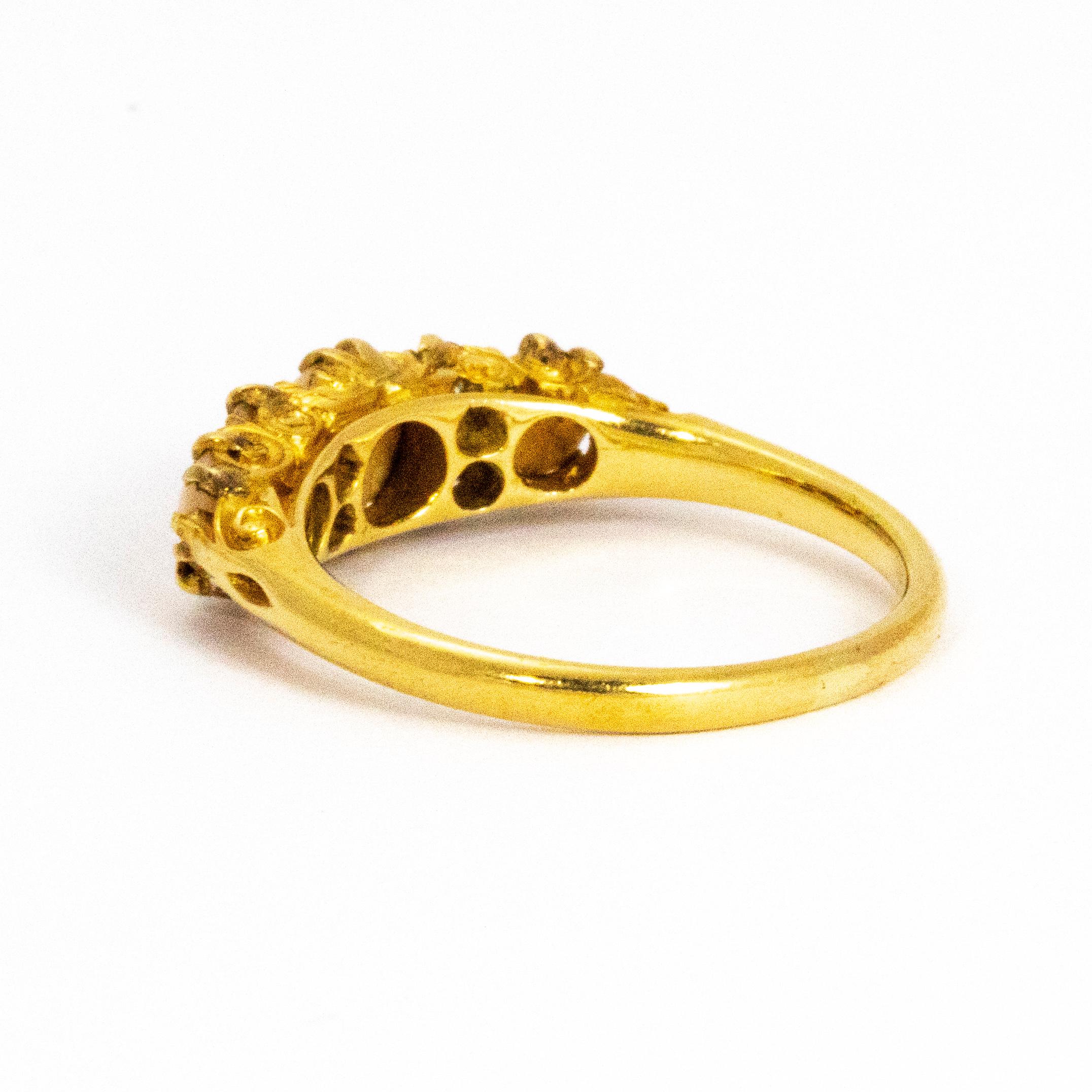 Late Victorian Victorian 18 Karat Gold Coral and Diamond Three-Stone Ring