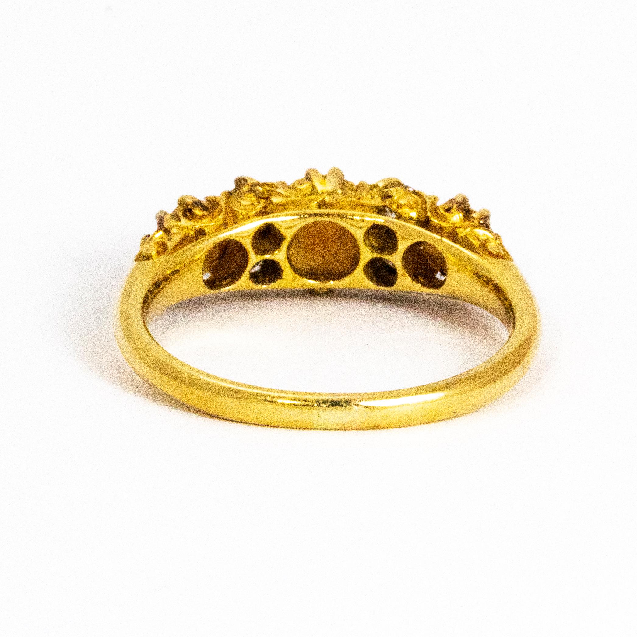 Old European Cut Victorian 18 Karat Gold Coral and Diamond Three-Stone Ring