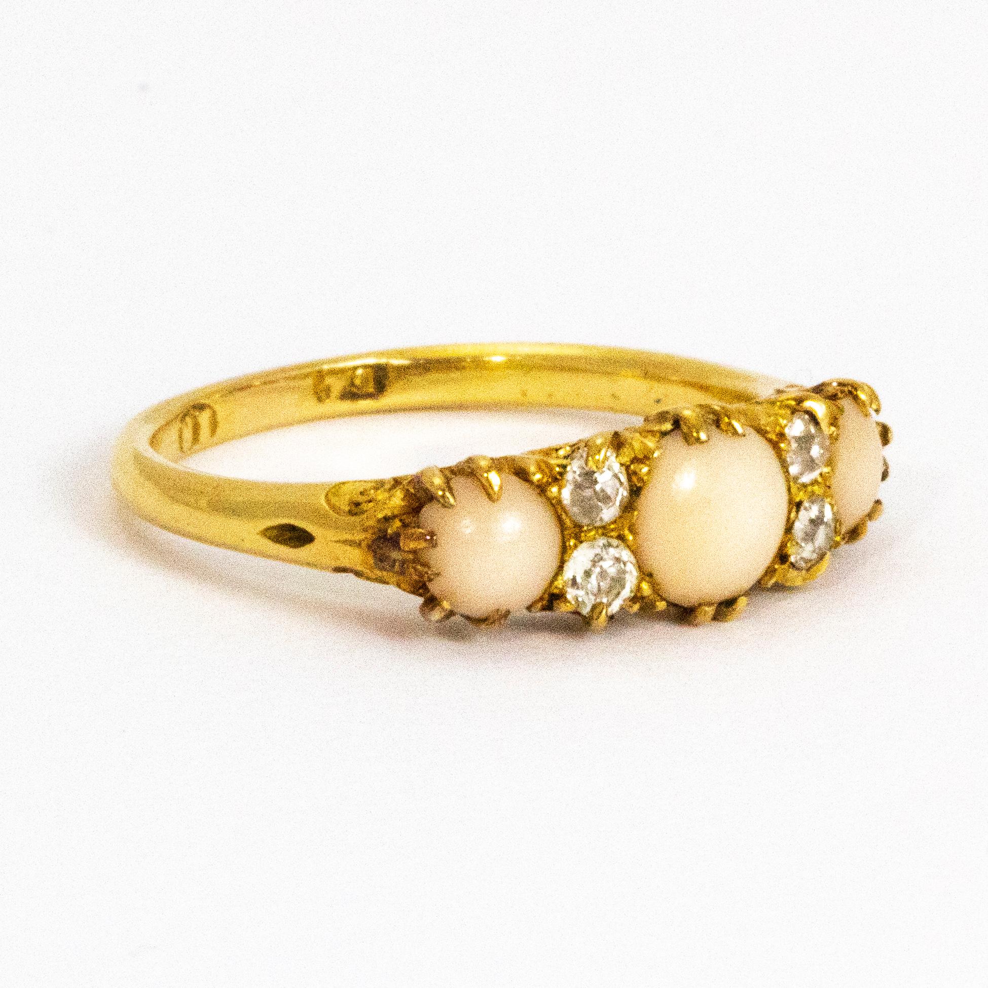 Women's or Men's Victorian 18 Karat Gold Coral and Diamond Three-Stone Ring