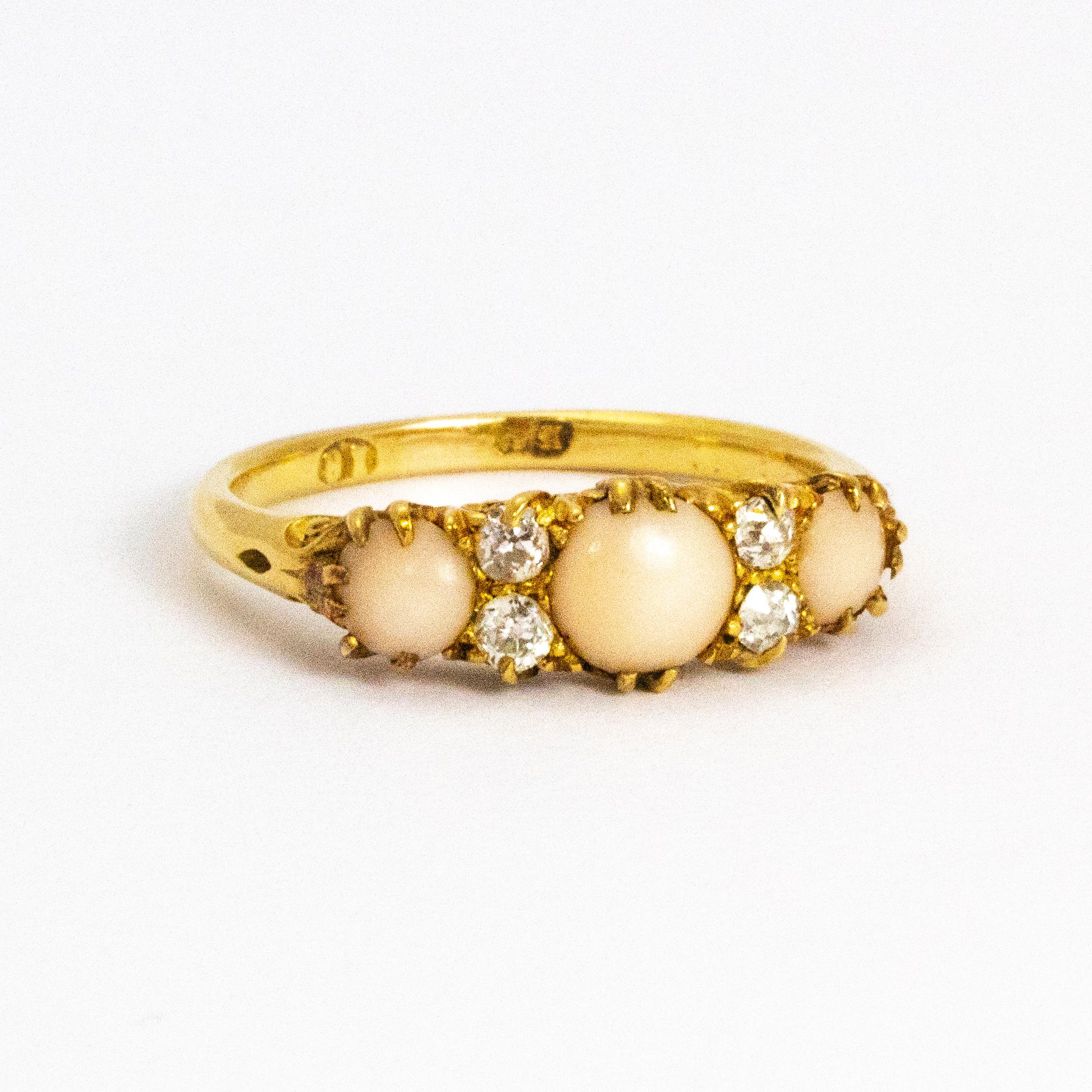 Victorian 18 Karat Gold Coral and Diamond Three-Stone Ring 1