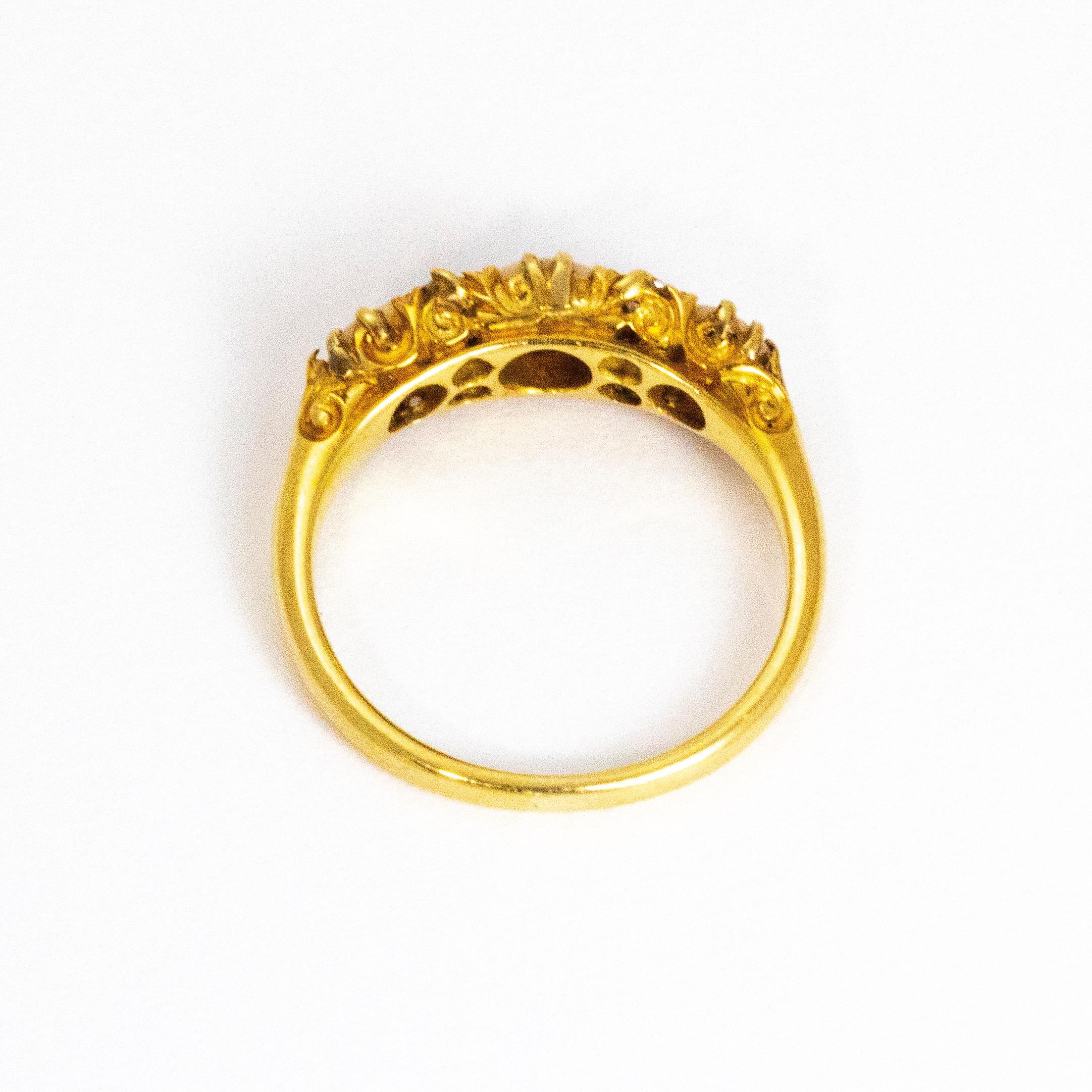 Victorian 18 Karat Gold Coral and Diamond Three-Stone Ring 2