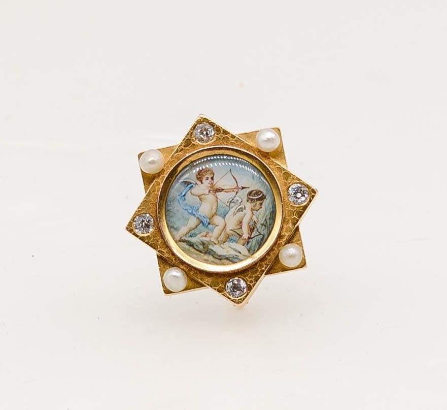 Victorian 18 Karat Gold Diamond Pearl Painted Cherubs Pin In Good Condition For Sale In New York, NY