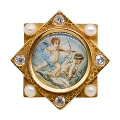 Victorian 18 Karat Gold Diamond Pearl Painted Cherubs Pin