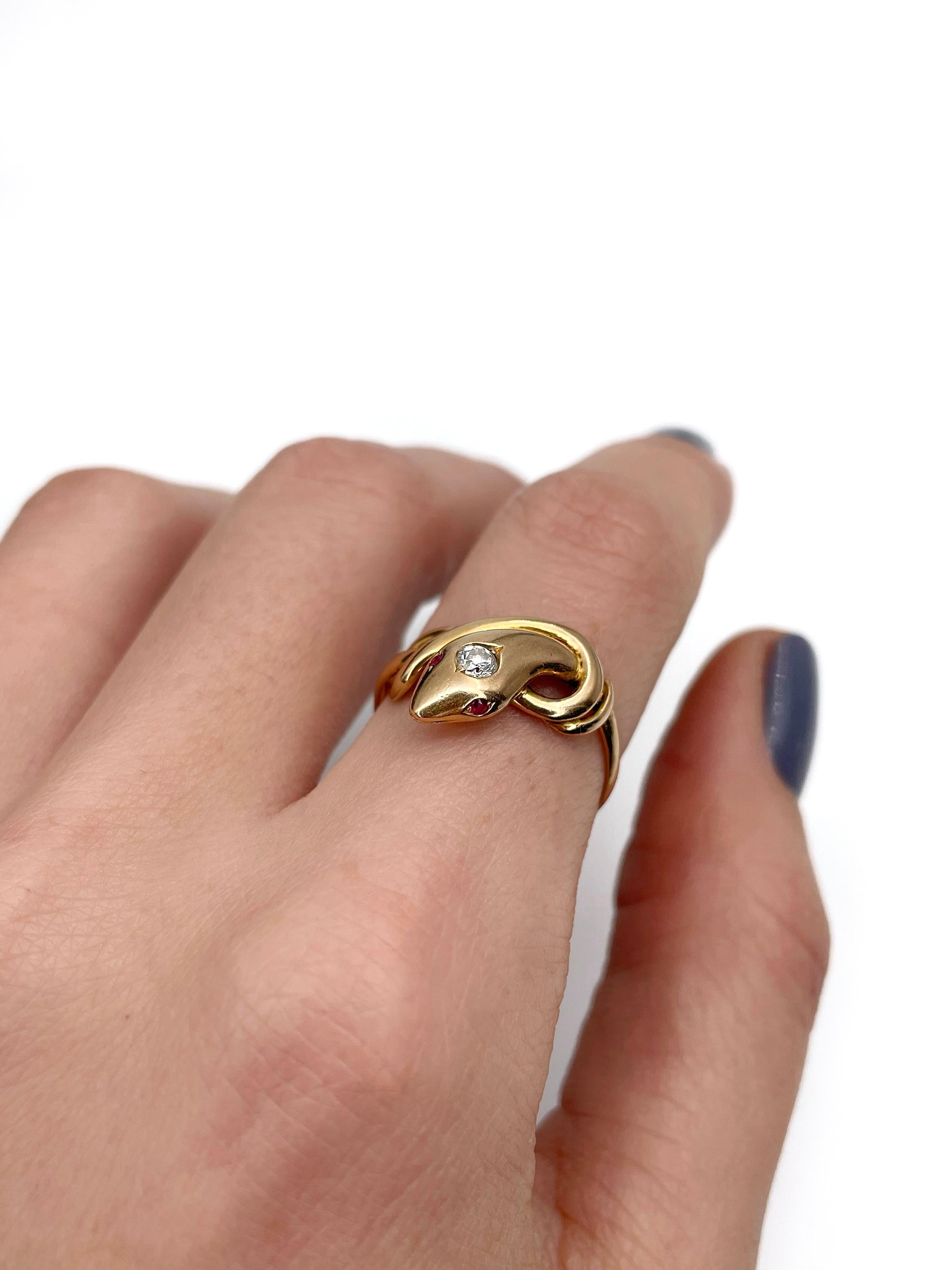 Victorian 18 Karat Gold Diamond Ruby Engagement Snake Ring In Good Condition In Vilnius, LT
