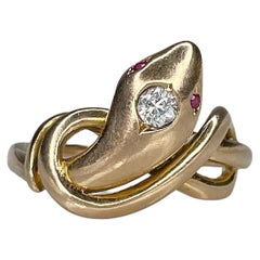 Victorian 18 Karat Gold Diamond Ruby Engagement Snake Ring