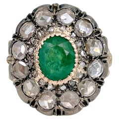 Victorian 18 Karat Gold Emerald Rose Cut Diamond Cluster Ring