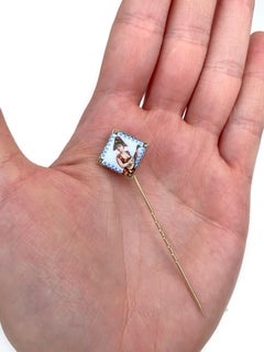 Victorian 18 Karat Gold Enamel Diamond Musician Lady Portrait Stick Pin Brooch