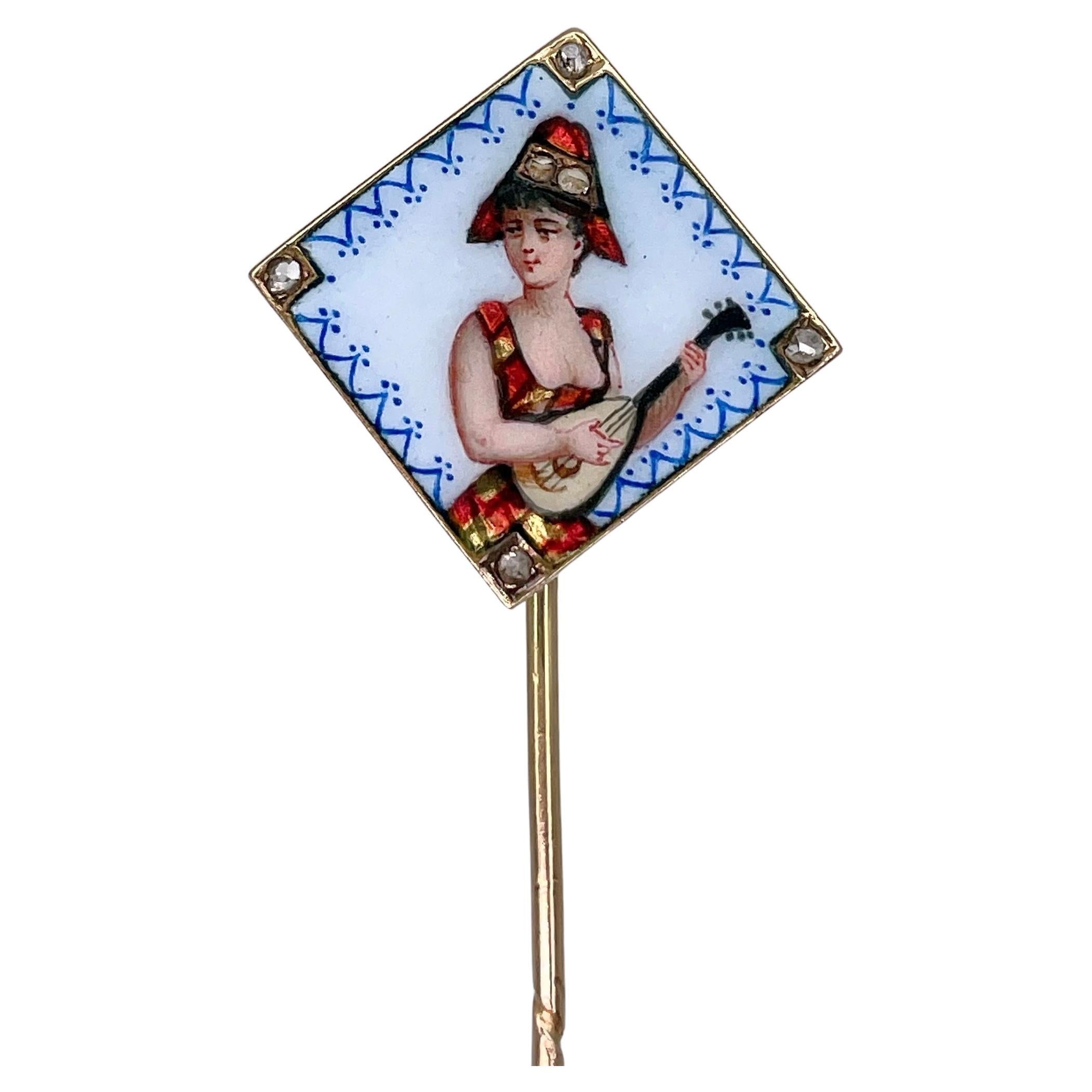 Victorian 18 Karat Gold Enamel Diamond Musician Lady Portrait Stick Pin Brooch