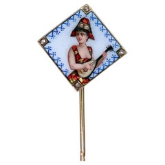 Victorian 18 Karat Gold Enamel Diamond Musician Lady Portrait Stick Pin Brooch