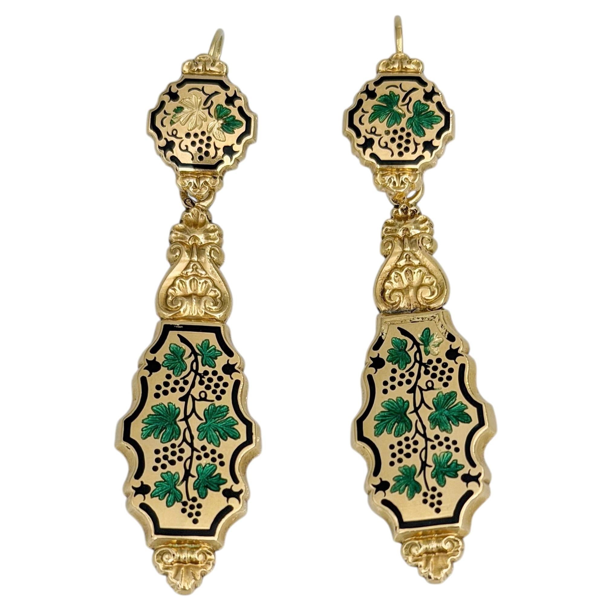 Victorian 18 Karat Gold Enamel Grape Motif Ornamented Front Fastening Earrings