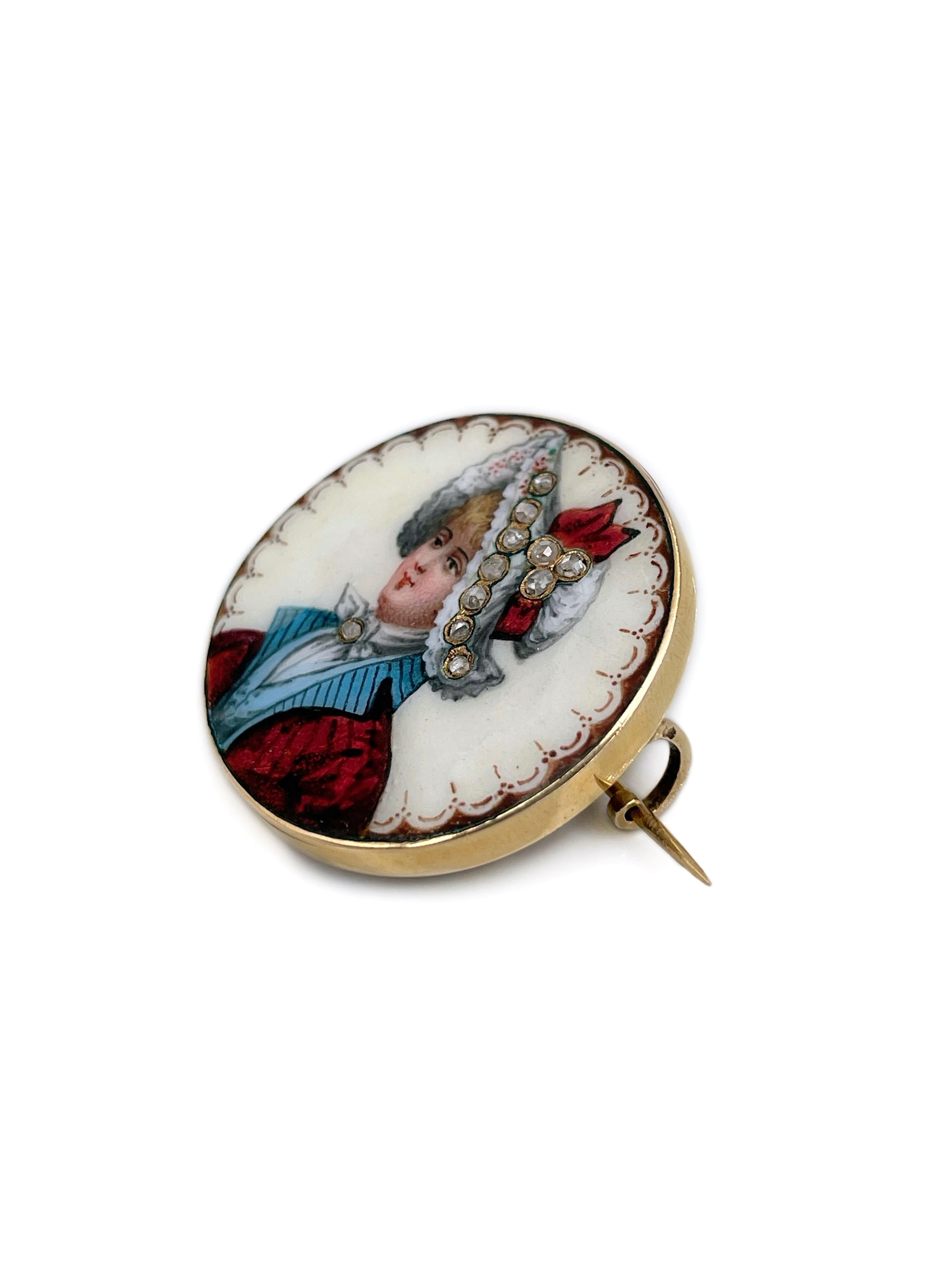 This is a lovely Victorian round pin brooch crafted in 18K yellow gold. The piece features a detailed miniature portrait of a lady. It is hand painted in colourful enamel. 

The brooch is encrusted with 11 rose cut diamonds. 

Has a C clasp.