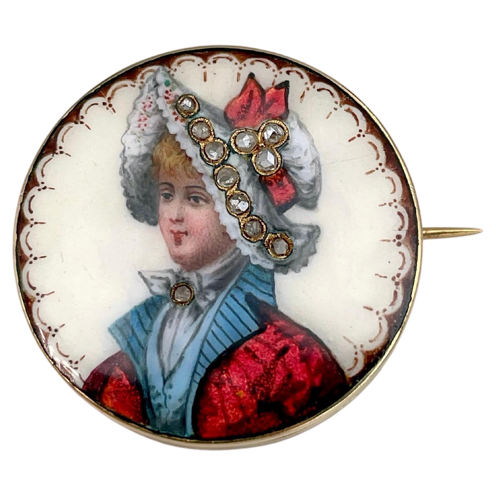 Victorian 18 Karat Gold Enamel Rose Cut Diamond Lady Miniature Portrait Brooch