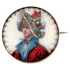 Antique Victorian 18 Karat Gold Enamel Rose Cut Diamond Lady Miniature Portrait Brooch