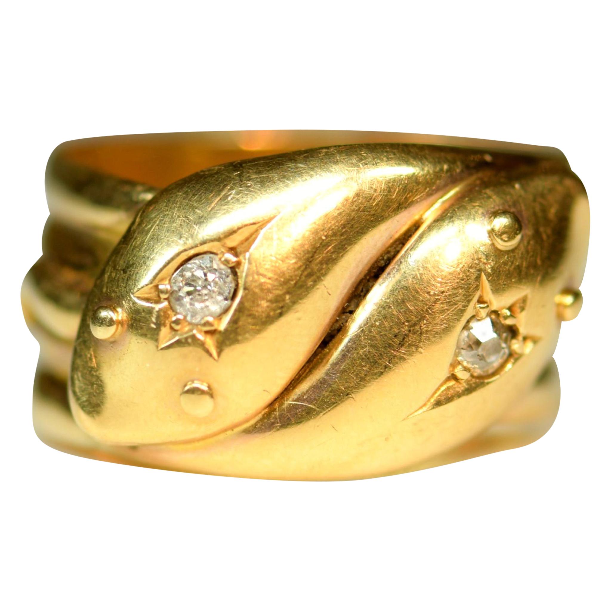 Victorian 18 Karat Gold Entwined Double Snake Ring with Diamond Set Eyes