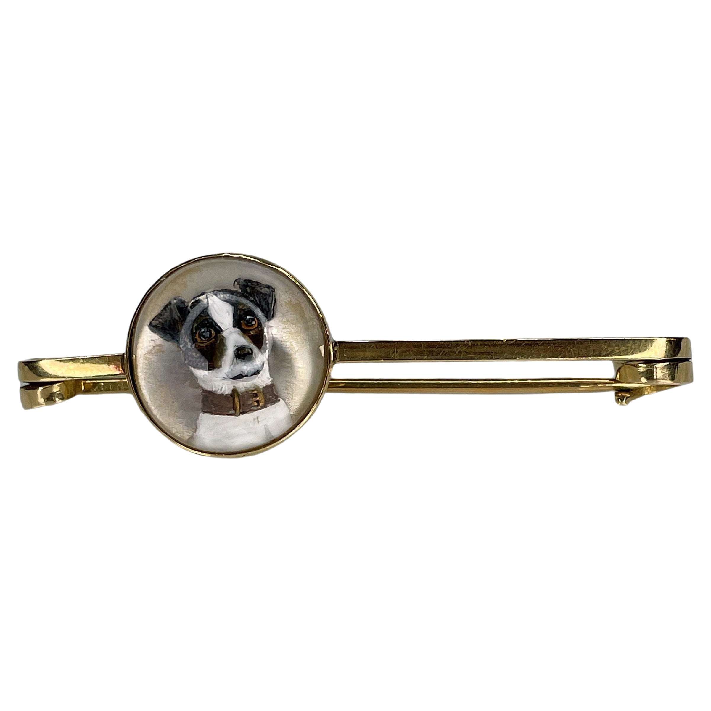 Spilla vittoriana in oro 18 carati con cristallo di Essex per cane in miniatura