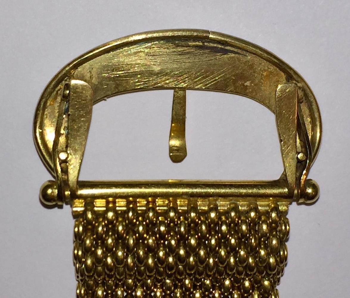 Women's Victorian 18 Karat Gold Etruscan Buckle Mesh Slide Bracelet with Fringe For Sale