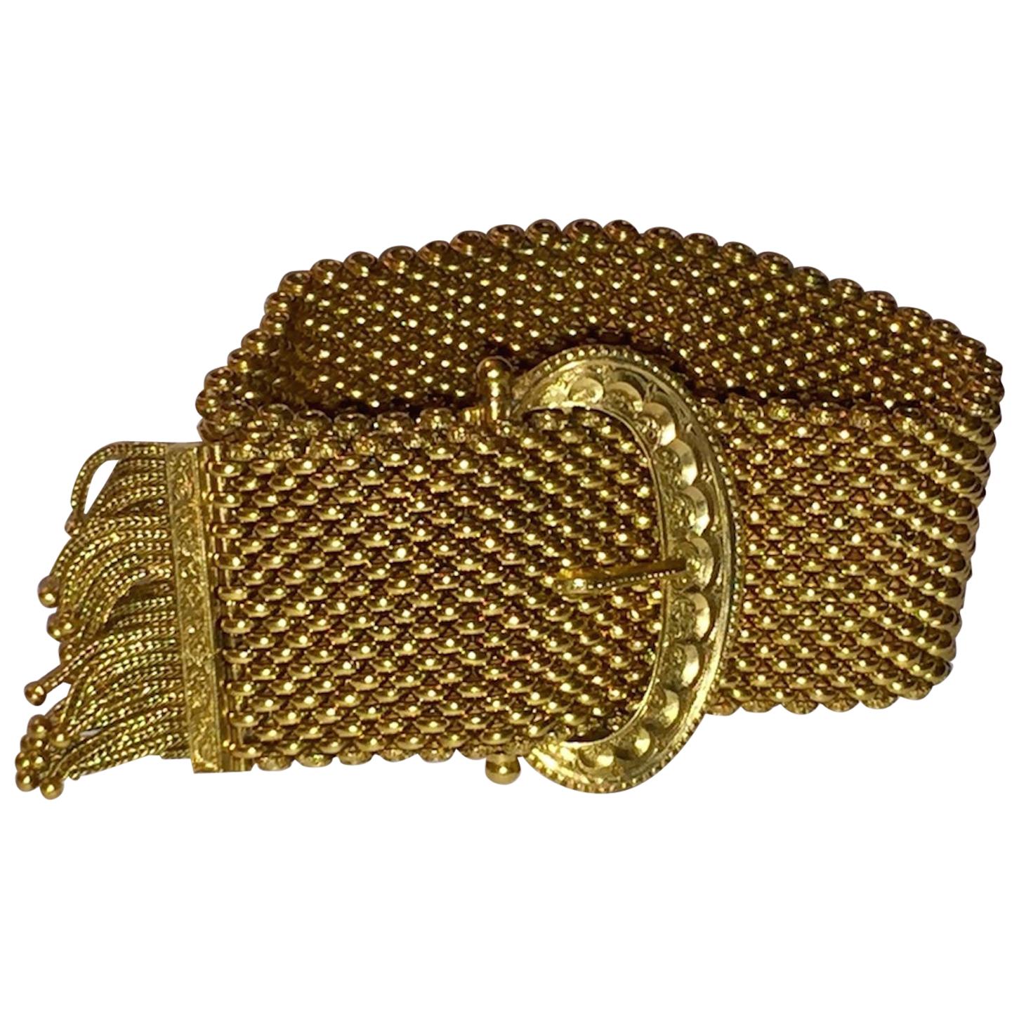 Victorian 18 Karat Gold Etruscan Buckle Mesh Slide Bracelet with Fringe For Sale