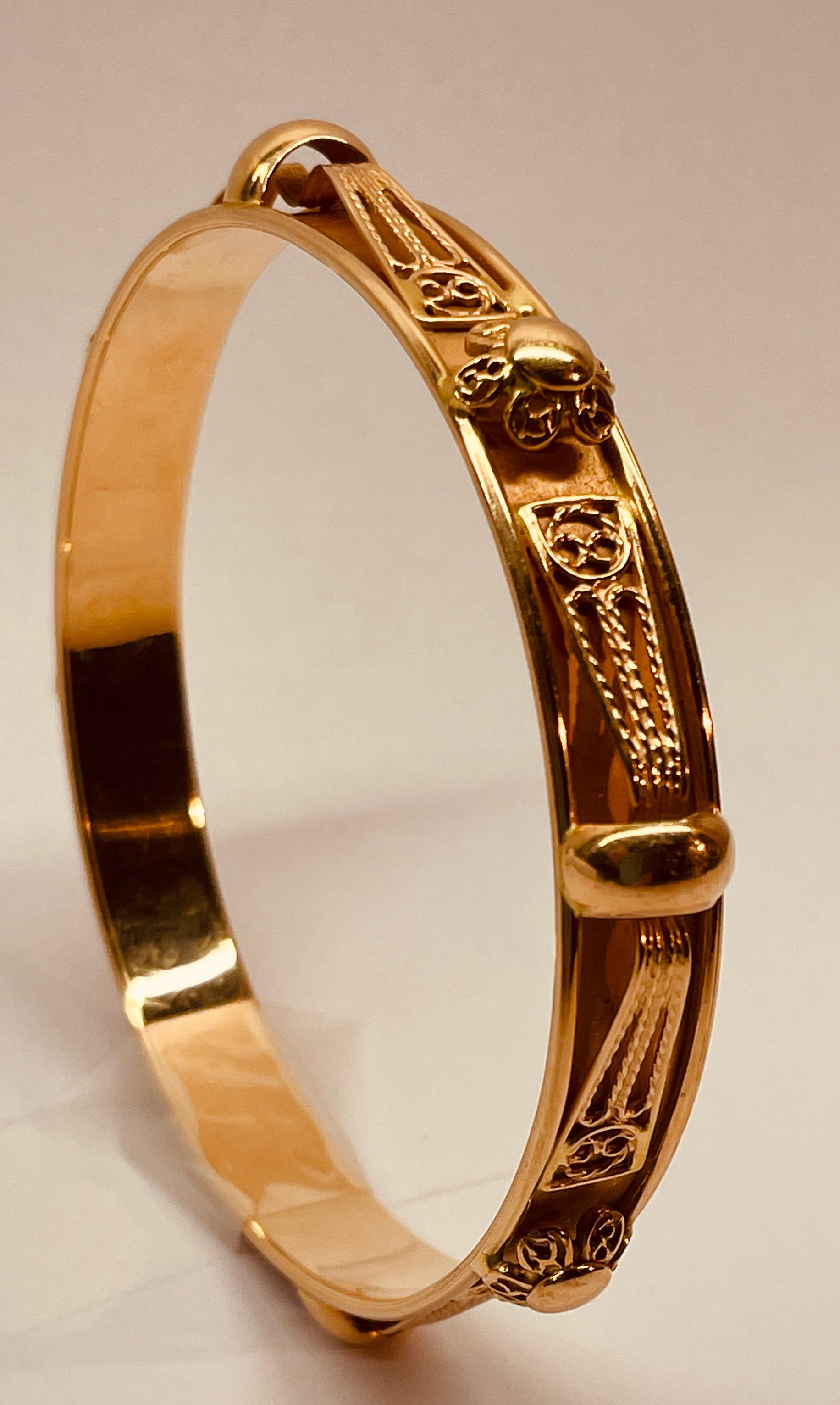 Victorian Gold French Oriental Bangle Bracelets 18 Karat set of two.
An exceptional example of antique finery Victorian style jewellery set well done in Oriental style design. The bracelets have a circumference of just over inches. It is just over 1