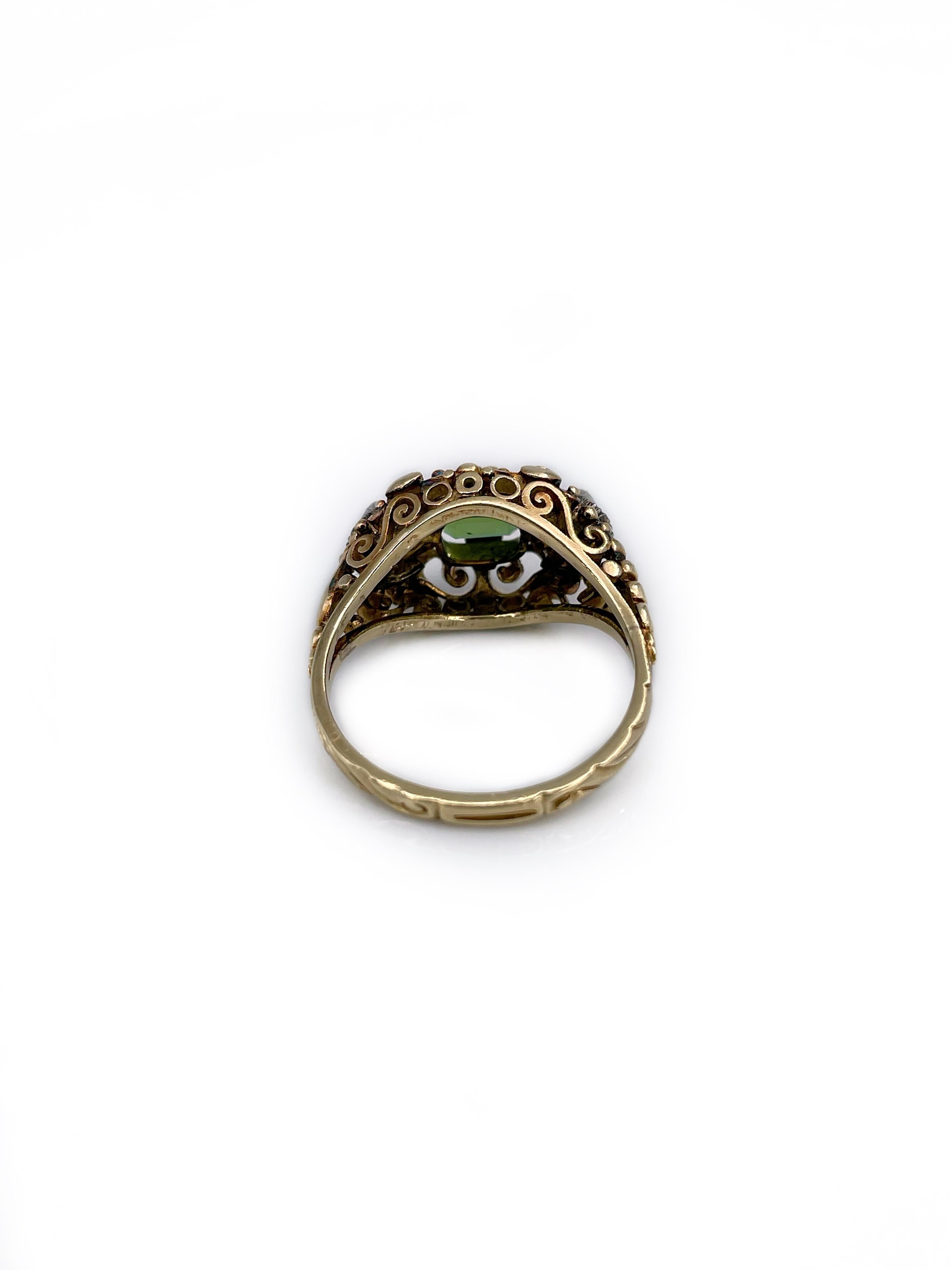 Women's Victorian 18 Karat Gold Green Tourmaline Rose Cut Diamond Three Stone Ring