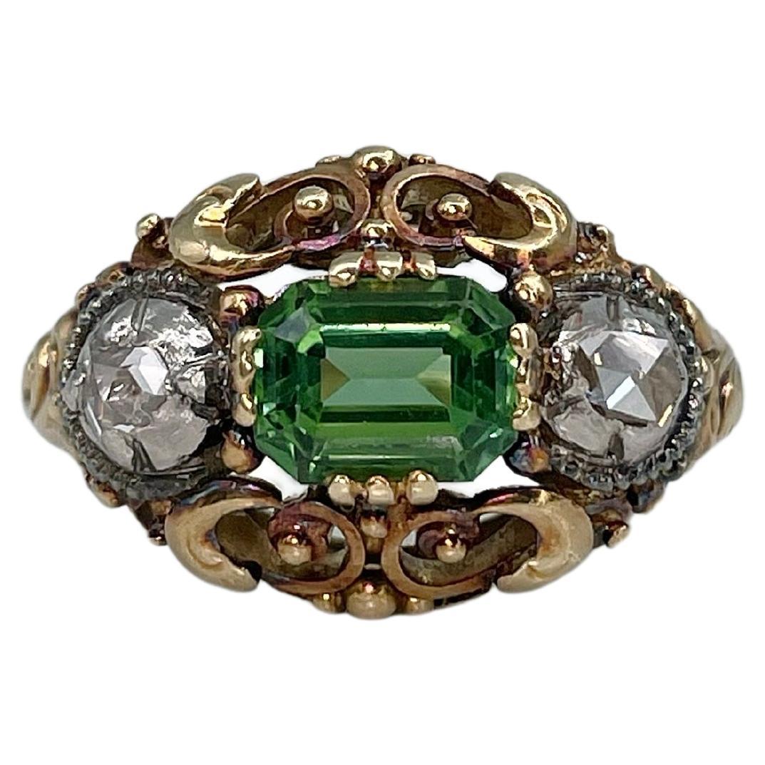 Victorian 18 Karat Gold Green Tourmaline Rose Cut Diamond Three Stone Ring