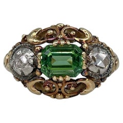 Victorian 18 Karat Gold Green Tourmaline Rose Cut Diamond Three Stone Ring