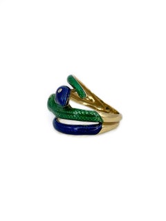 Victorian 18 Karat Gold Guilloche Blue Green Enamel Diamond Double Snake Ring