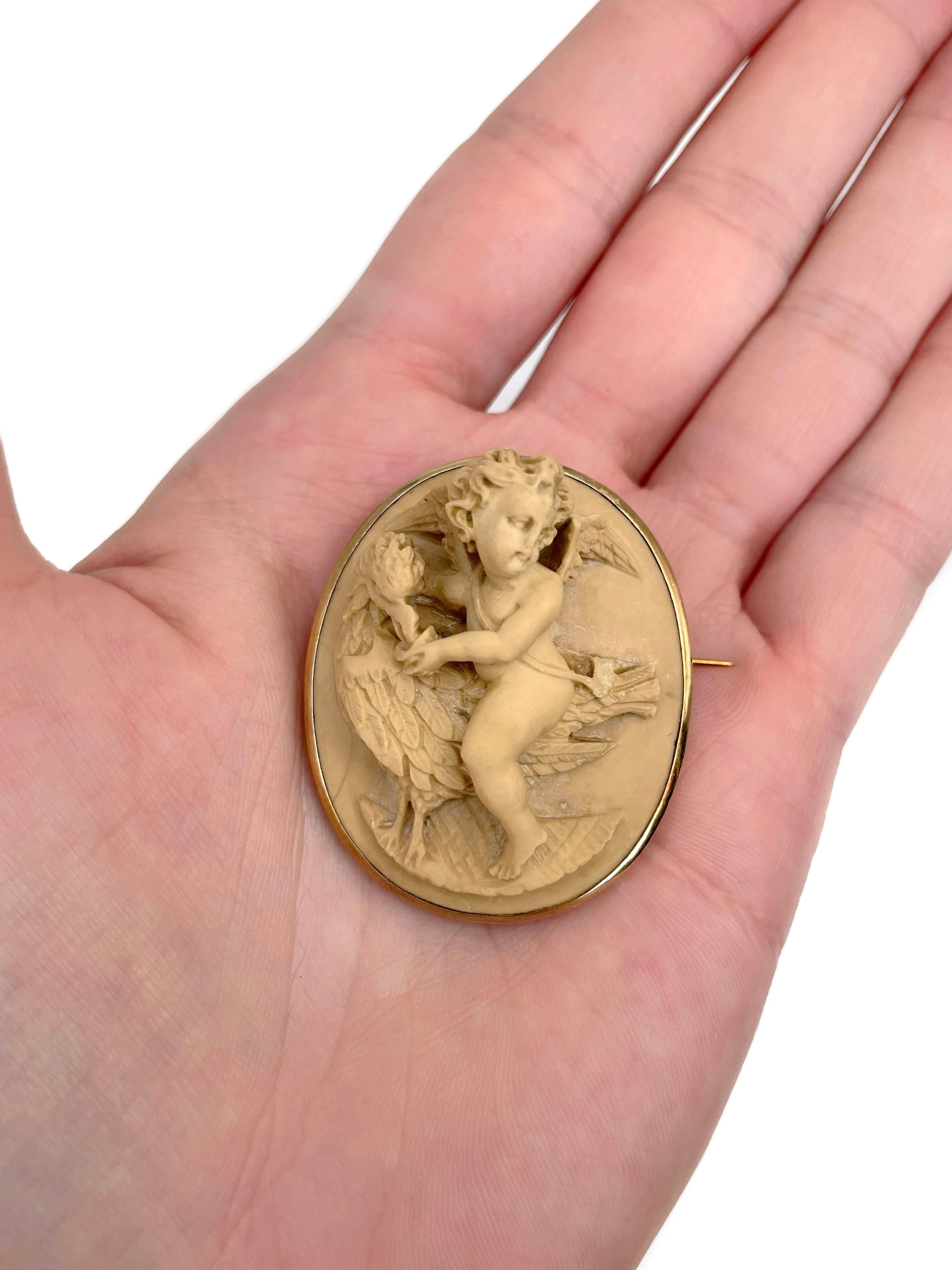 This is a stunning Victorian oval high relief cameo pin brooch. Circa 1880. 

The cameo is carved from lava and depicts a cupid with an eagle. 

Weight: 17.05g
Size: 4x4cm

———

If you have any questions, please feel free to ask. We describe our