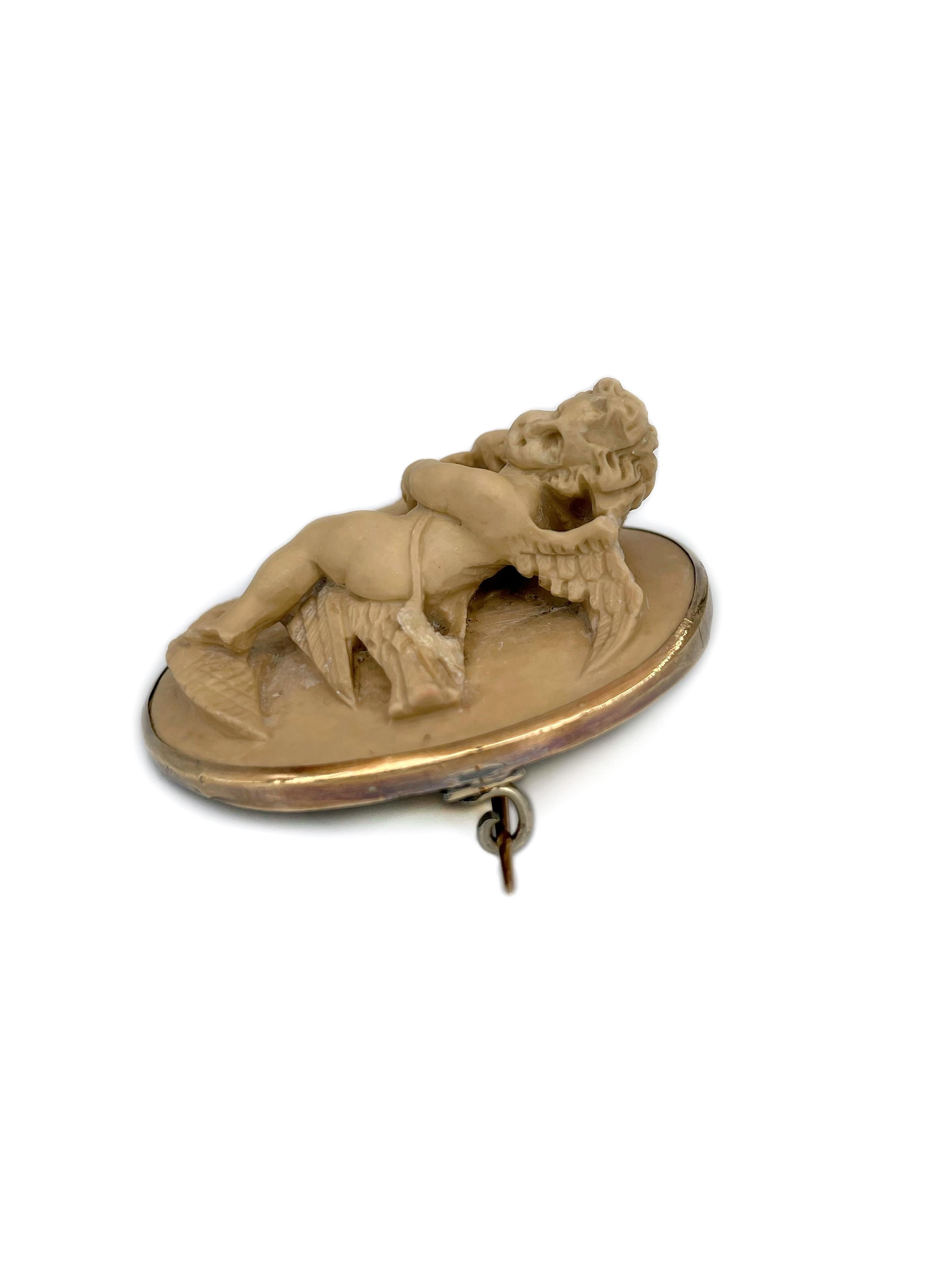 Women's or Men's Victorian 18 Karat Gold High Relief Lava Cupid With An Eagle Cameo Pin Brooch