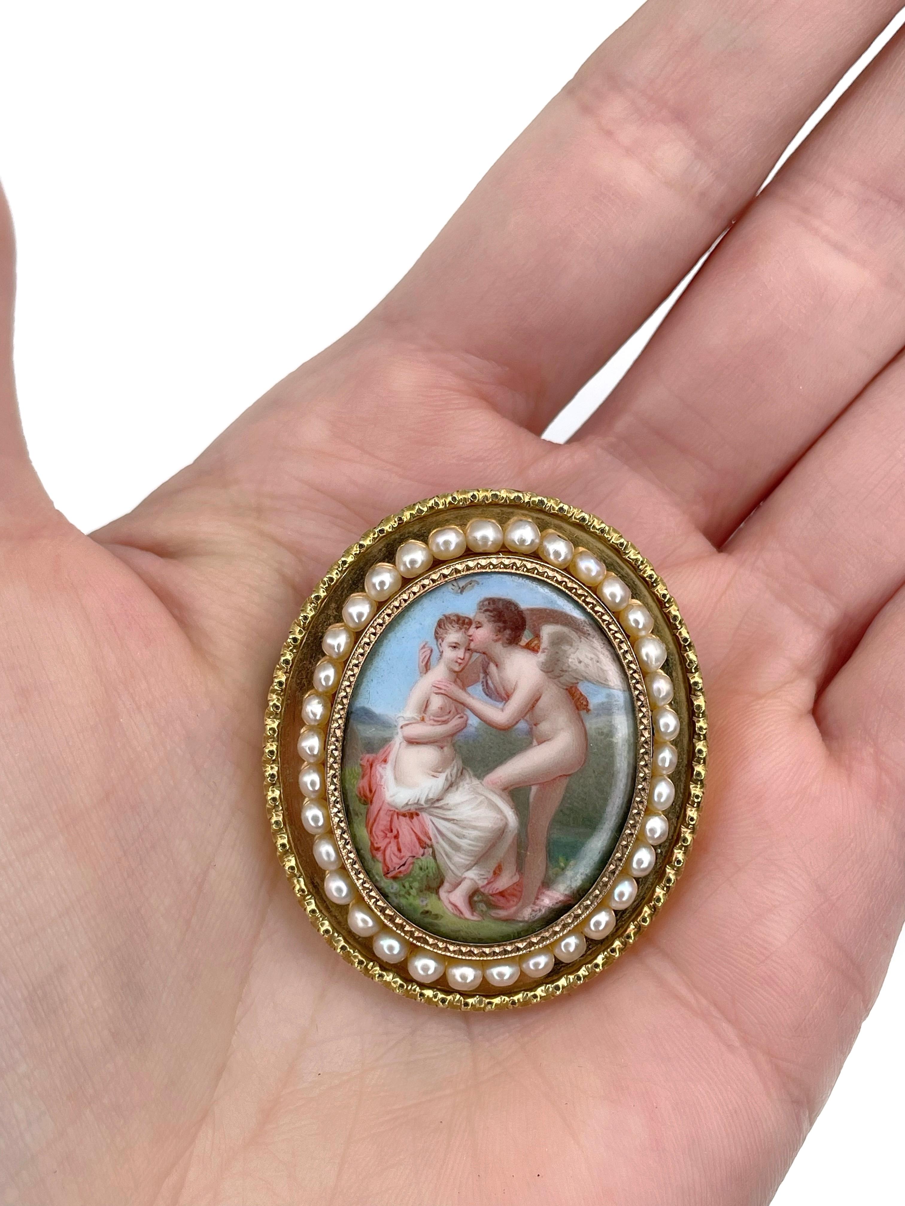 Round Cut Victorian 18 Karat Gold Lady And Cupid Miniature Painting Porcelain Pearl Brooch
