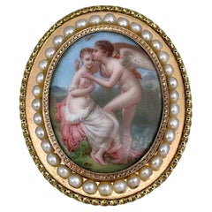 Victorian 18 Karat Gold Lady And Cupid Miniature Painting Porcelain Pearl Brooch