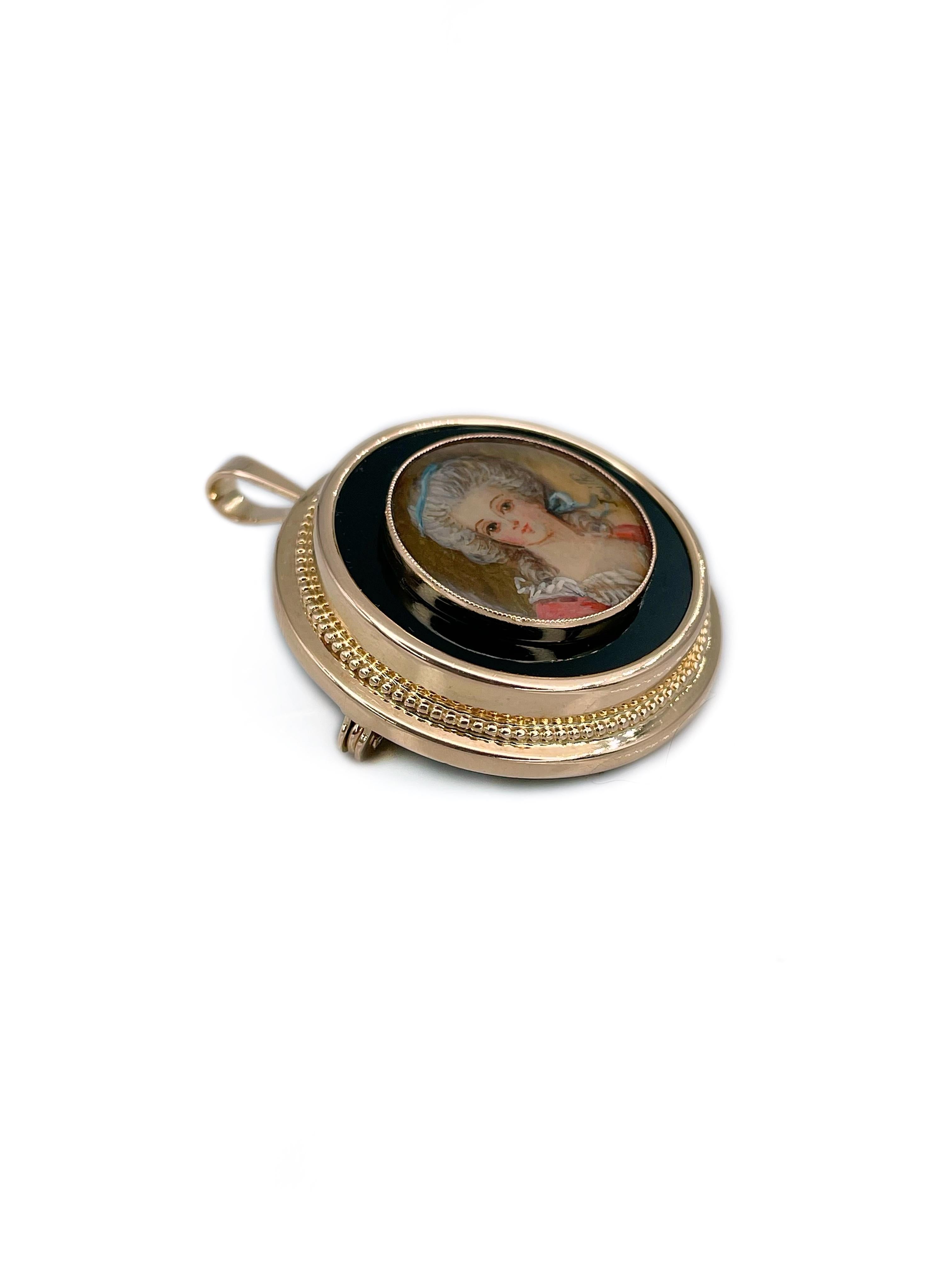 This is a Victorian round pendant-brooch crafted in 18K yellow gold. Circa 1900.

The piece features a detailed miniature portrait of a charming lady. It is hand painted and inserted into onyx. There is a signature of an author. 

Weight: