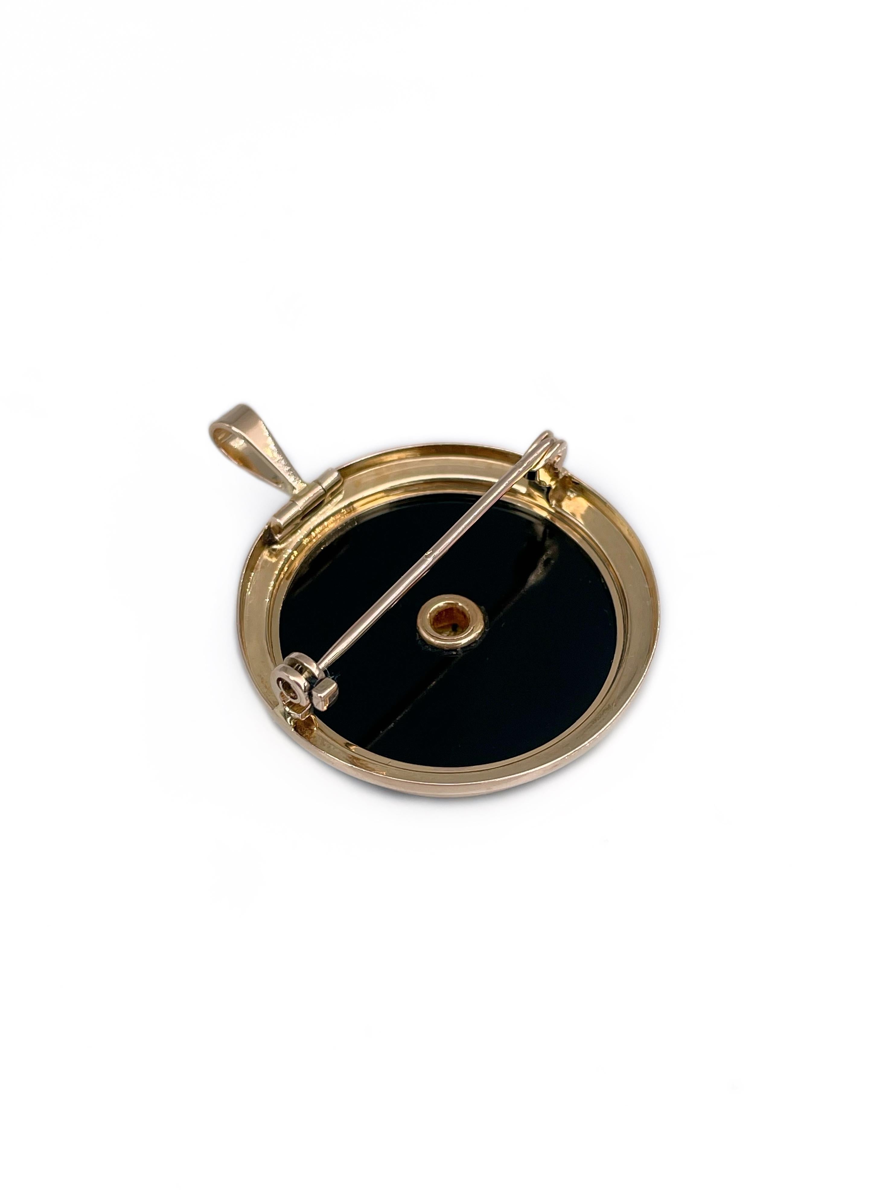 Victorian 18 Karat Gold Lady Miniature Portrait Signed Onyx Round Pendant Brooch In Good Condition For Sale In Vilnius, LT
