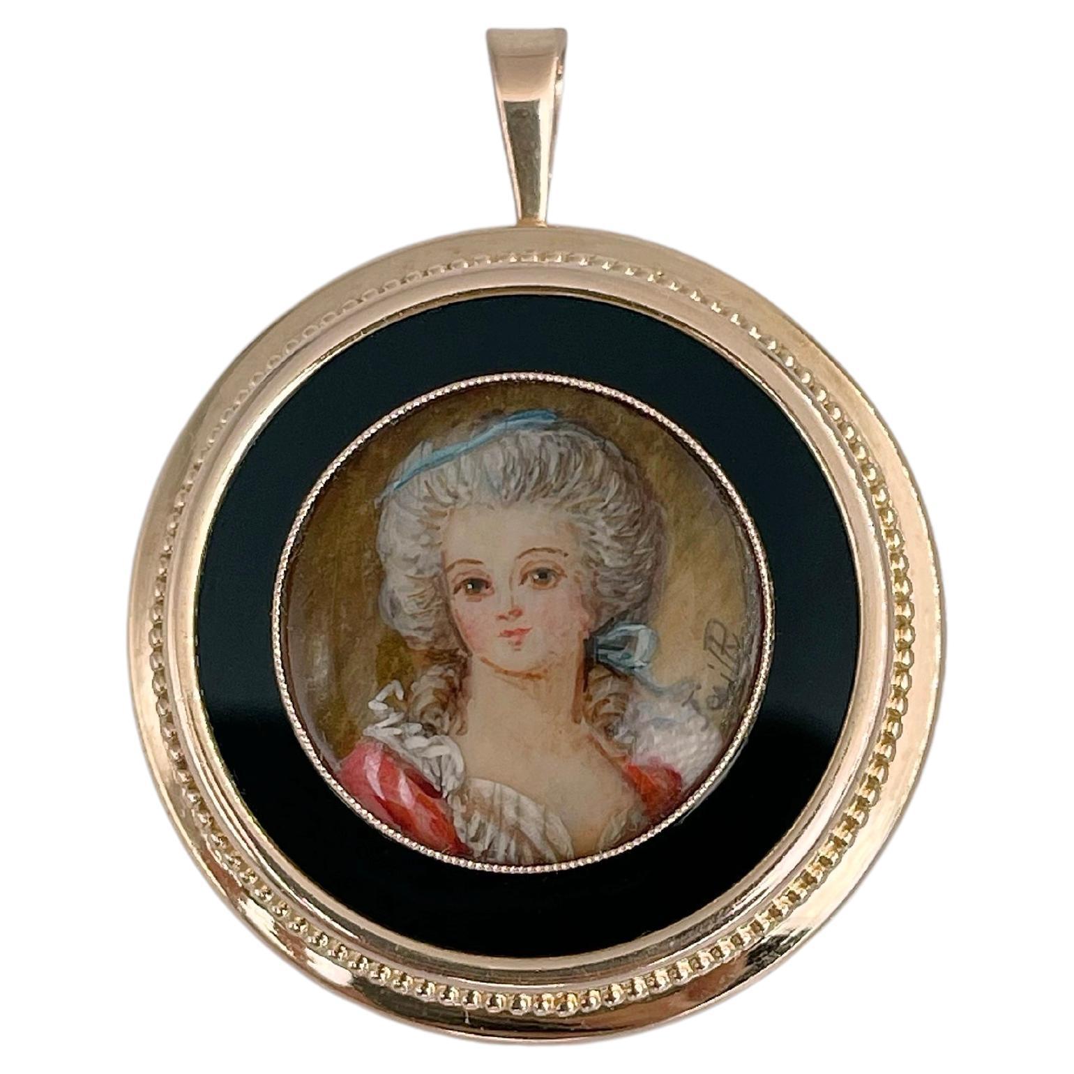 Broche victorienne en or 18 carats Lady Miniature Portrait Signé Onyx Round Pendant Brooch