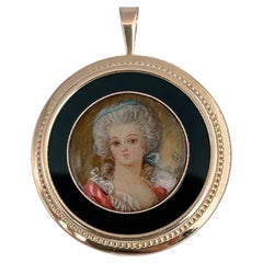 Antique Victorian 18 Karat Gold Lady Miniature Portrait Signed Onyx Round Pendant Brooch