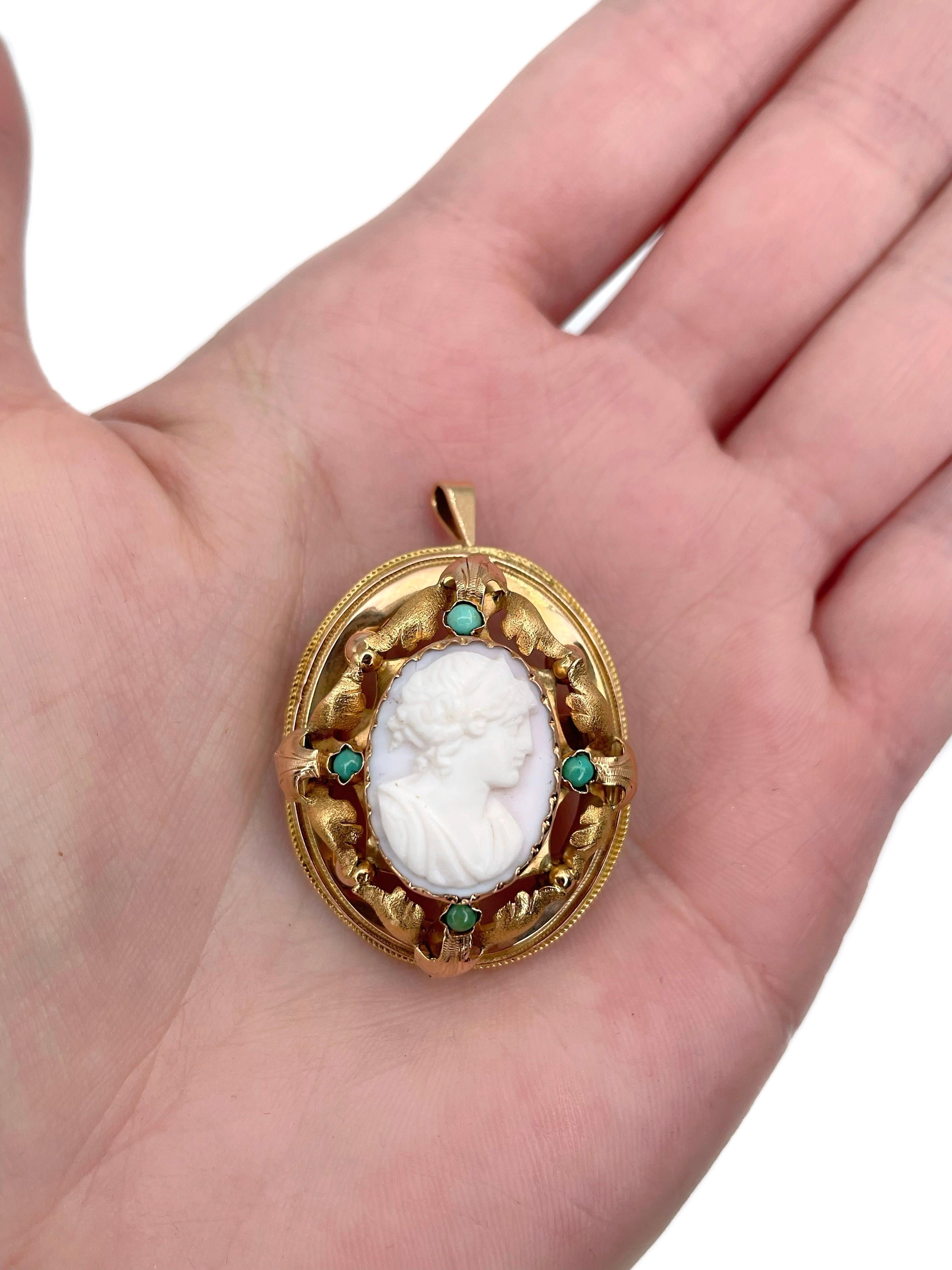 This is a Victorian pendant and pin brooch crafted in 18K gold. Circa 1890. 

It features a shell cameo depicting a lady.
The frame is adorned with 4 turquoises. 

Weight: 5.47g
Size: 4x2.5cm

———

If you have any questions, please feel free to ask.