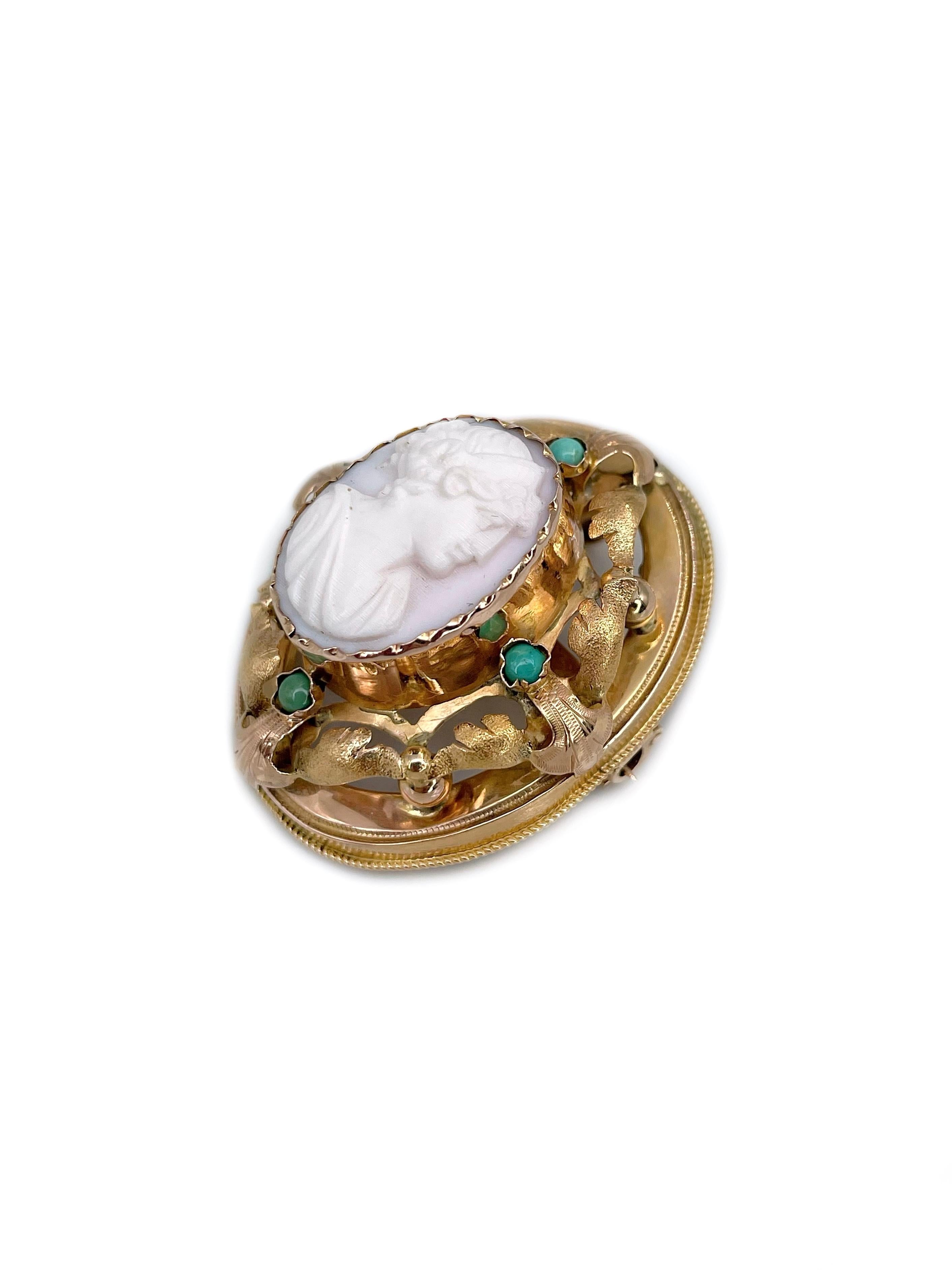 Cabochon Victorian 18 Karat Gold Lady Shell Cameo Turquoise Pendant Pin Brooch For Sale