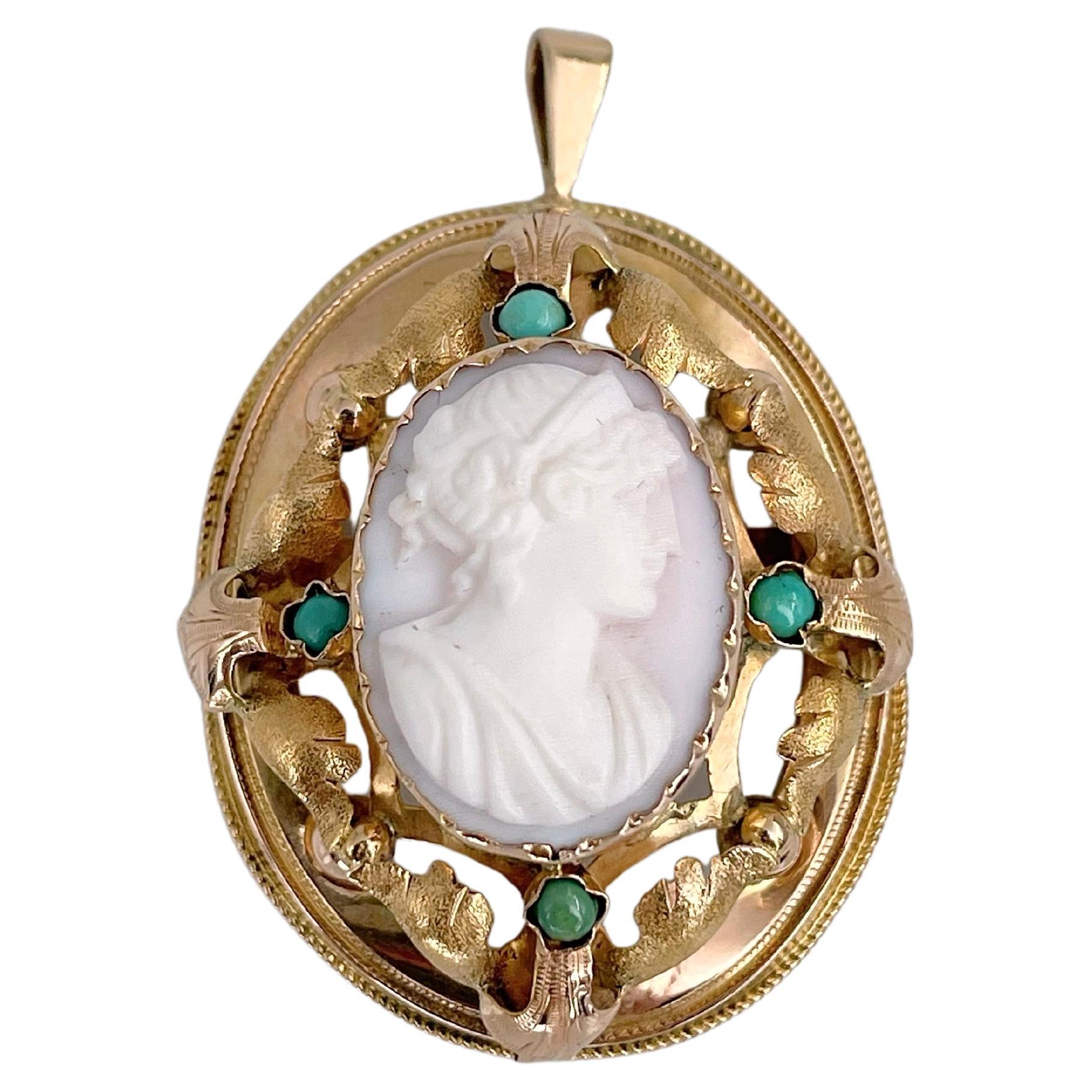 Victorian 18 Karat Gold Lady Shell Cameo Turquoise Pendant Pin Brooch For Sale