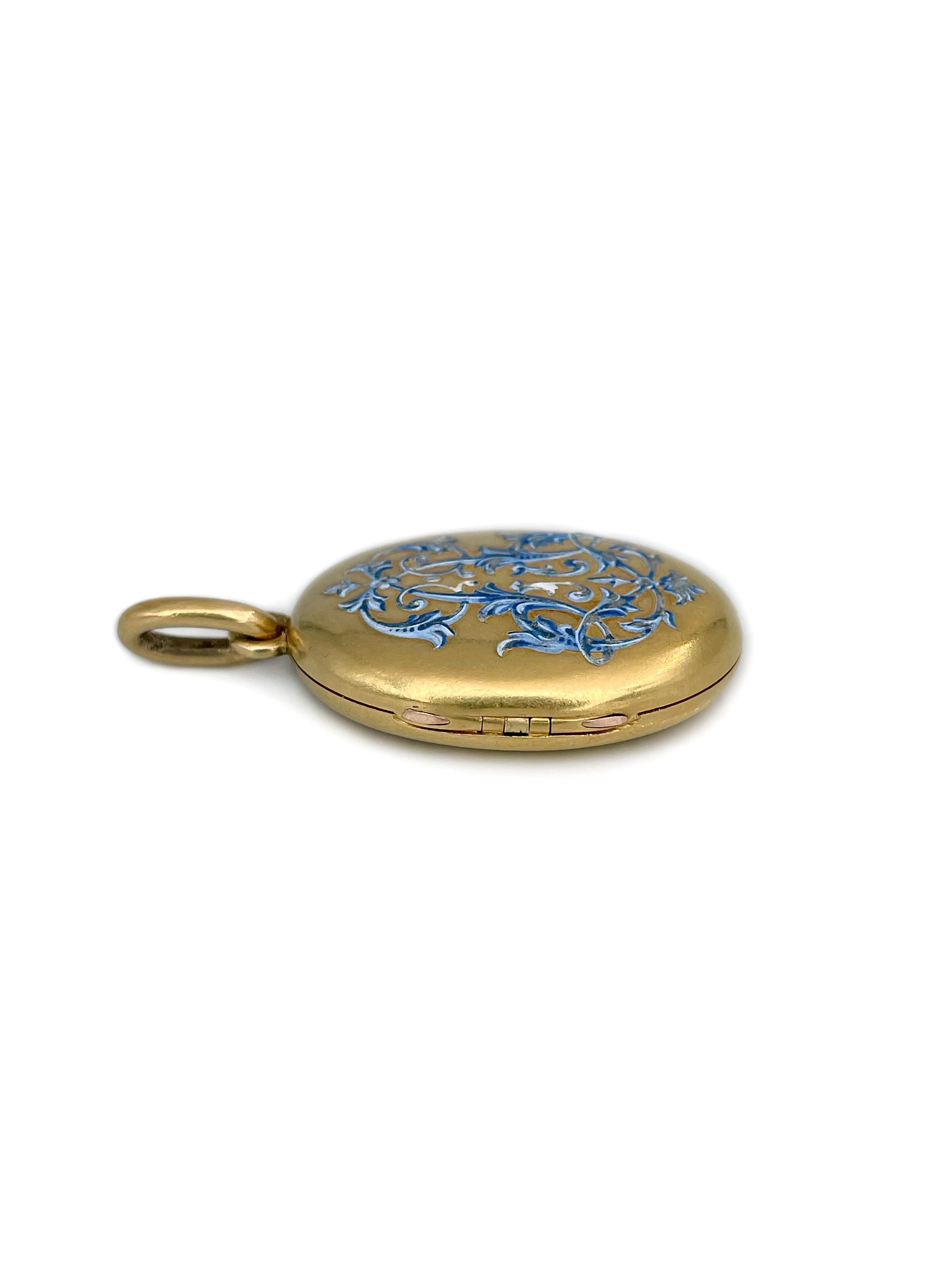 Colgante relicario oval victoriano de oro de 18 quilates con motivo floral de esmalte azul claro Victoriano