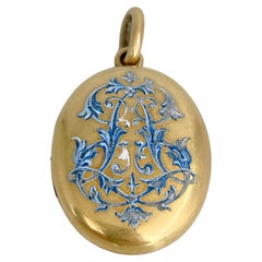 Viktorianische 18 Karat Gold Hellblau Emaille Blumenmotiv Oval Medaillon Anhänger