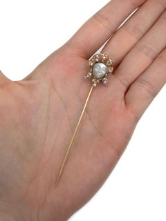 Victorian 18 Karat Gold “Man in the Moon” Diamond Moonstone Stick Pin Brooch