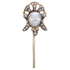 Victorian 18 Karat Gold “Man in the Moon” Diamond Moonstone Stick Pin Brooch