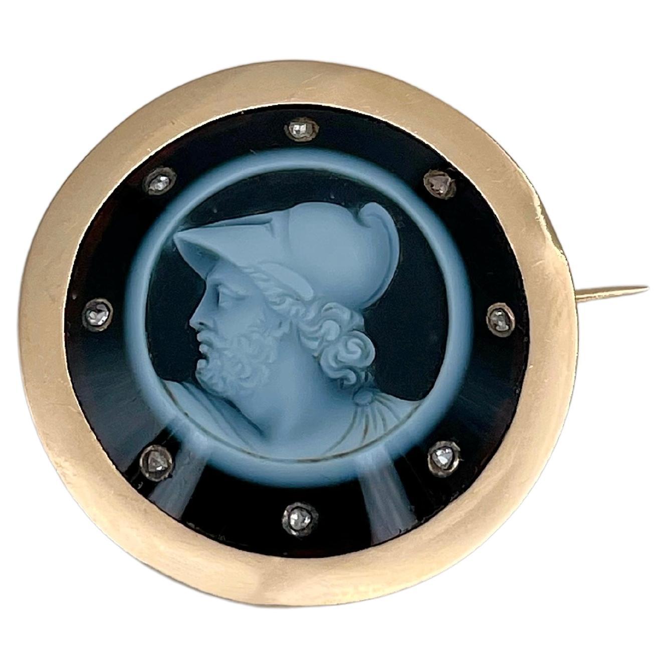 Victorian 18 Karat Gold Menelaus Agate Cameo Rose Cut Diamond Round Pin Brooch