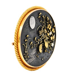 Victorian 18 Karat Gold Mixed Metal Shakudo Moonlit Landscape Brooch