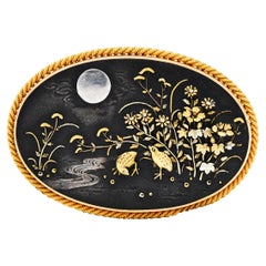 Viktorianische 18 Karat Gold gemischtes Metall Shakudo Mondschein Landschaft Brosche
