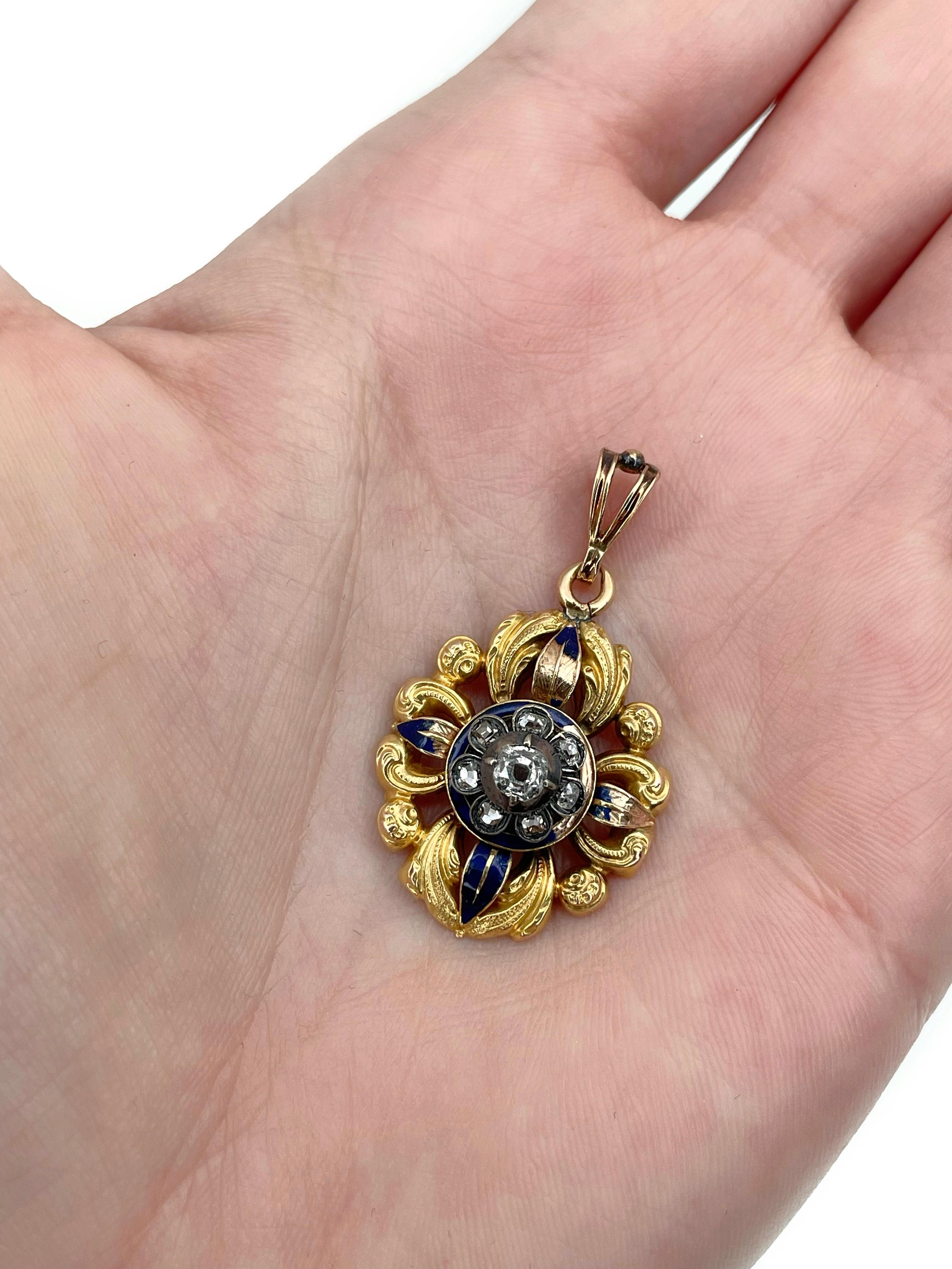 This is a Victorian floral motif pendant crafted in 18K yellow gold. Circa 1850. 

The piece features old cut diamonds and blue enamel. 

Weight: 3.06g
Length: 3.5cm

IMPORTANT: As a buyer, you are fully responsible for the customs duties, other