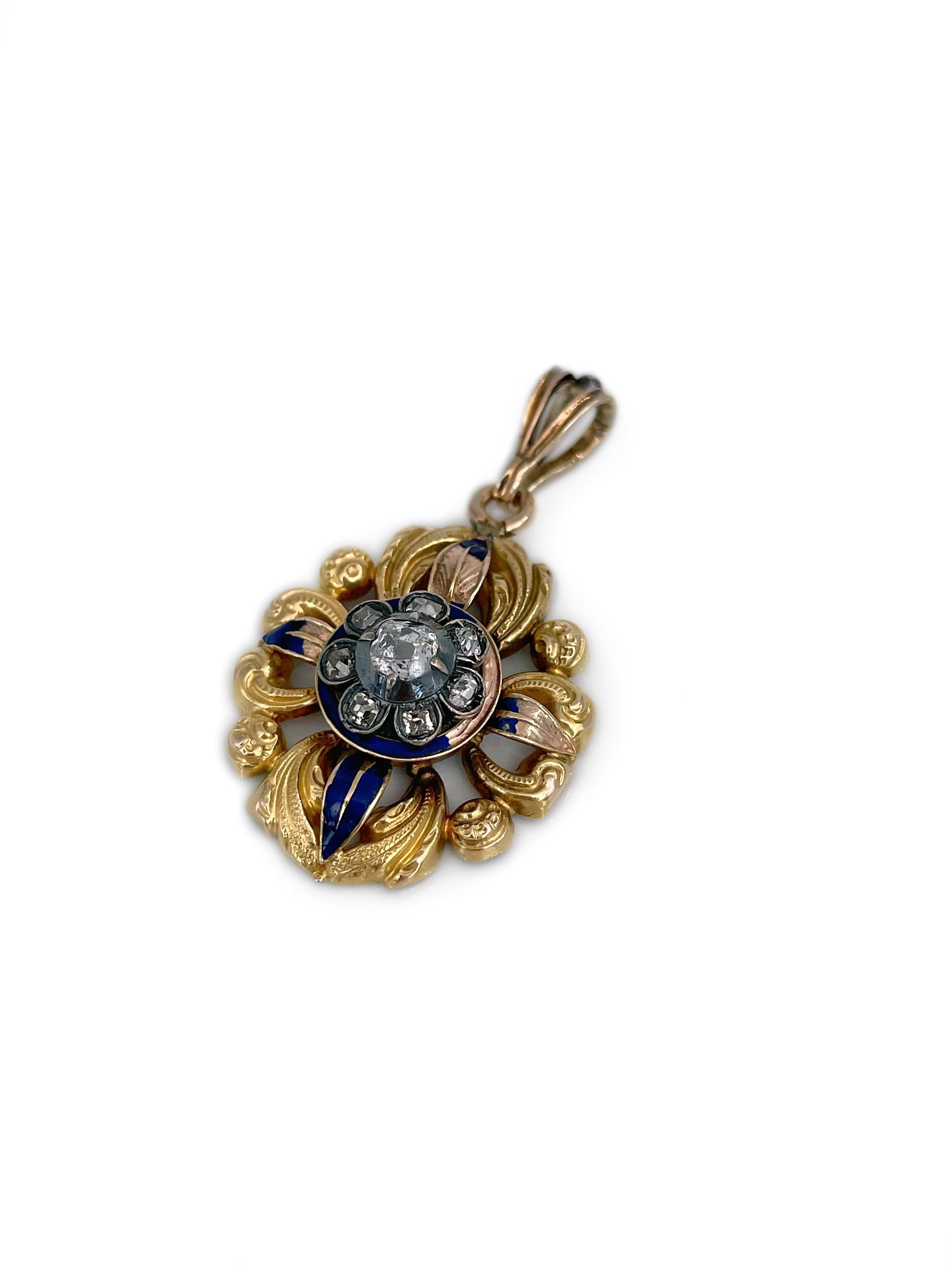 Mixed Cut Victorian 18 Karat Gold Old Cut Diamond Blue Enamel Floral Motif Pendant For Sale
