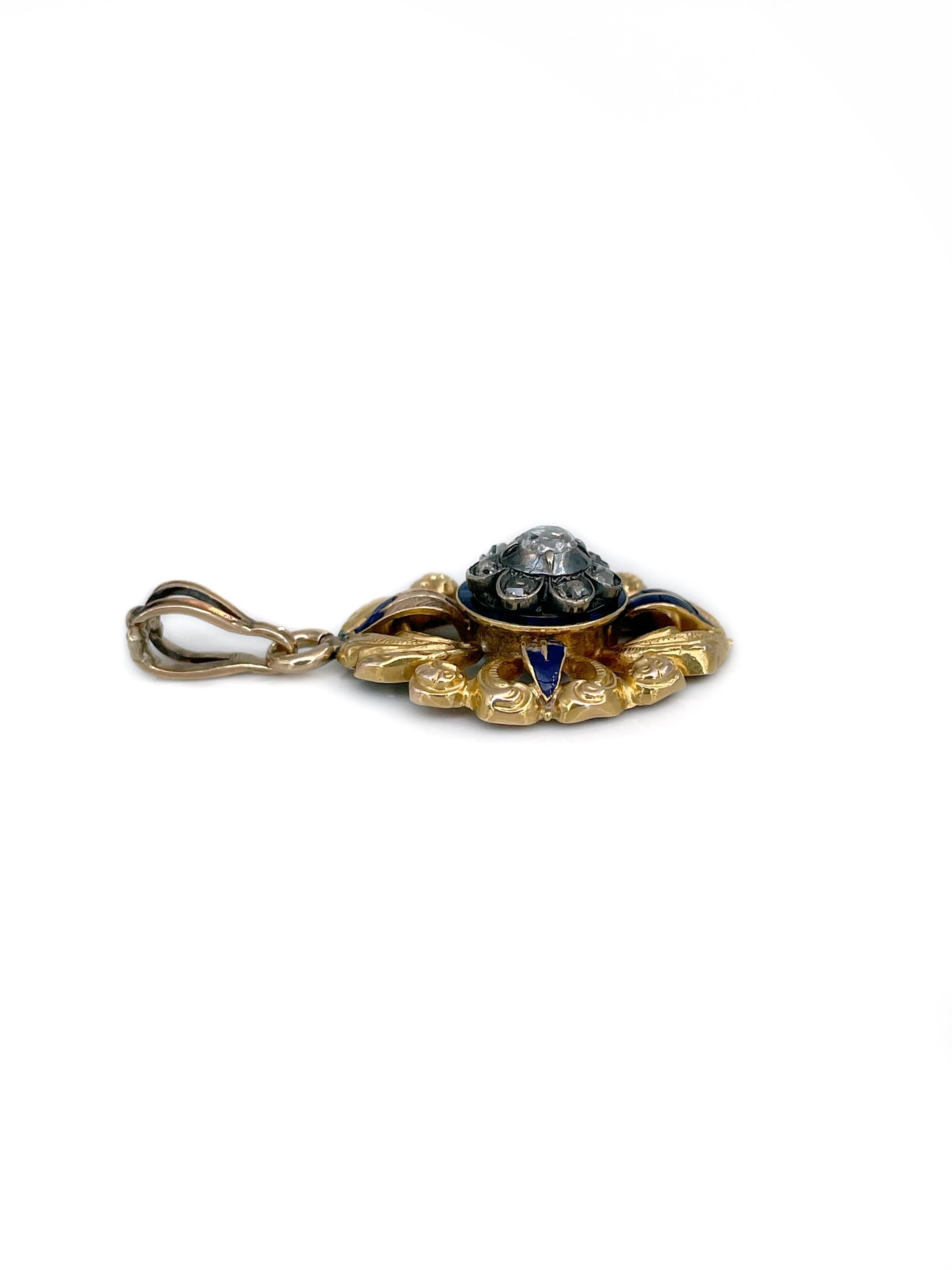 Victorian 18 Karat Gold Old Cut Diamond Blue Enamel Floral Motif Pendant In Good Condition For Sale In Vilnius, Vilniaus apskr.