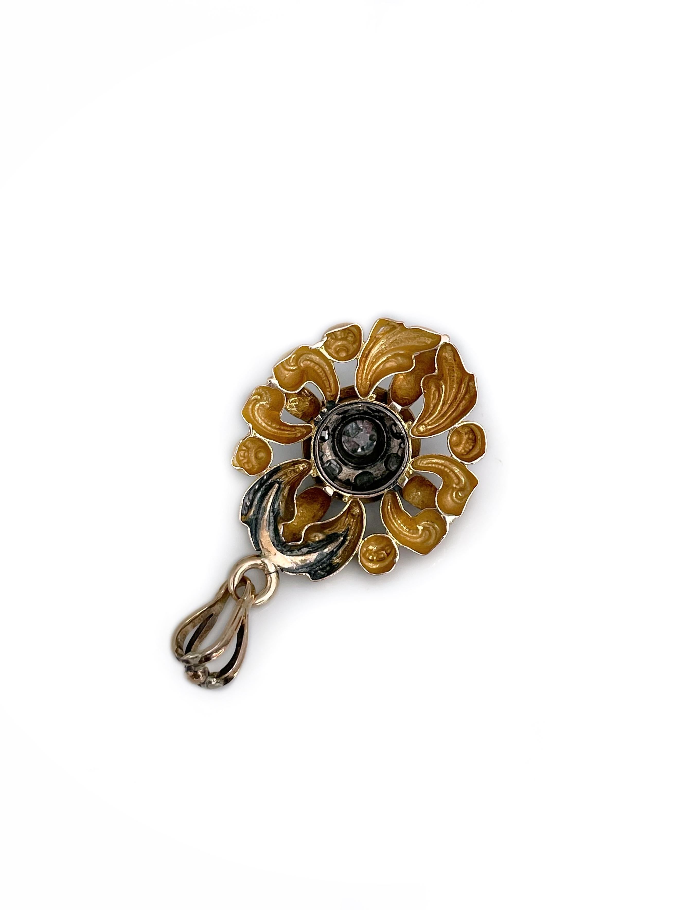 Women's Victorian 18 Karat Gold Old Cut Diamond Blue Enamel Floral Motif Pendant For Sale