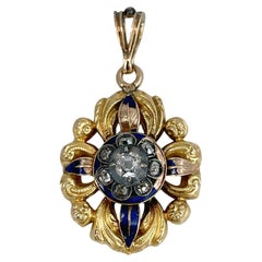 Colgante victoriano de oro de 18 quilates con diamante talla antigua y esmalte azul con motivo floral